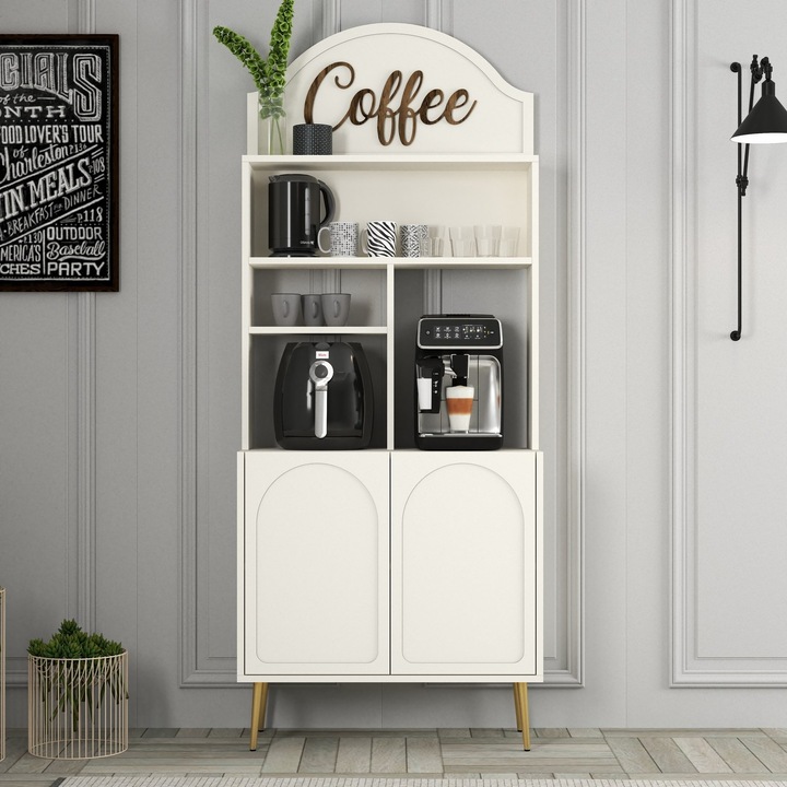 Set mobilier bucatarie Woody Fashion, dulap bar cafea, crem, auriu, 81,3x201x35cm, 18mm, cu rafturi multiple