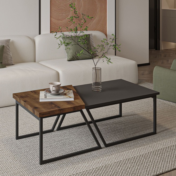 Set mese de cafea Woody Fashion, Anthracit si Nuc Rustic, 120x40.6x60cm