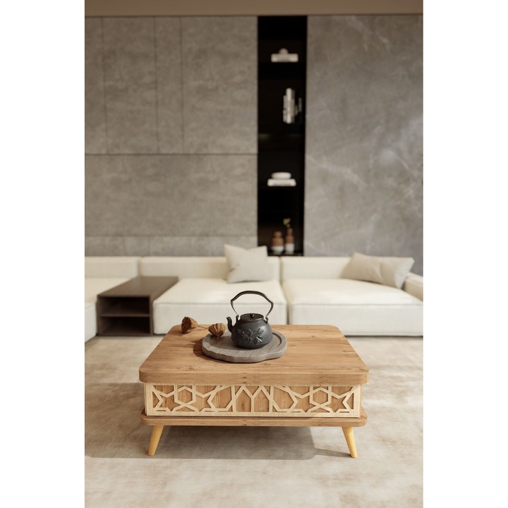 Masa de cafea Woody Fashion, model 517, melamina, picioare din plastic, 90x60x38cm, 120x90x70cm