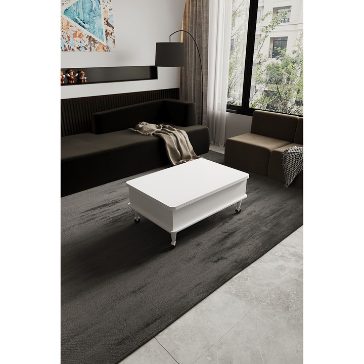 Masa de cafea Woody Fashion, alb, 90x60x40cm, picioare metalice, rotite, ajustabila