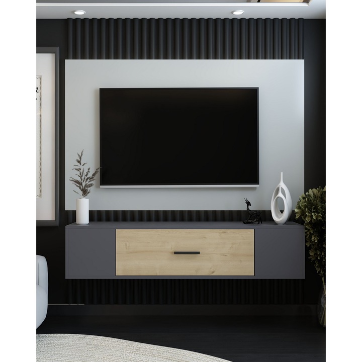 Comoda TV Woody Fashion, 150x33.2x29.6cm, melamina, Anthracite si Sapphire Oak