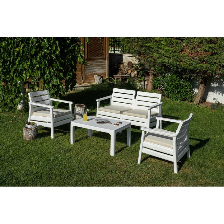 Woody Fashion kerti bútor szett, fehér, 2 egyszemélyes kanapé és 1 kétszemélyes kanapé, dohányzóasztal