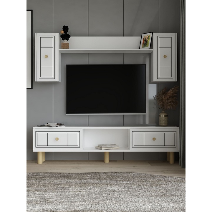 Comoda TV Woody Fashion, alb, 150x44,6x29,6cm, set cu raft de perete 150x49,6x19,6cm