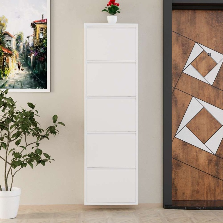 Woody Fashion cipősszekrény, fehér, 50x169x15cm, középen nyíló ajtók, 100% fém