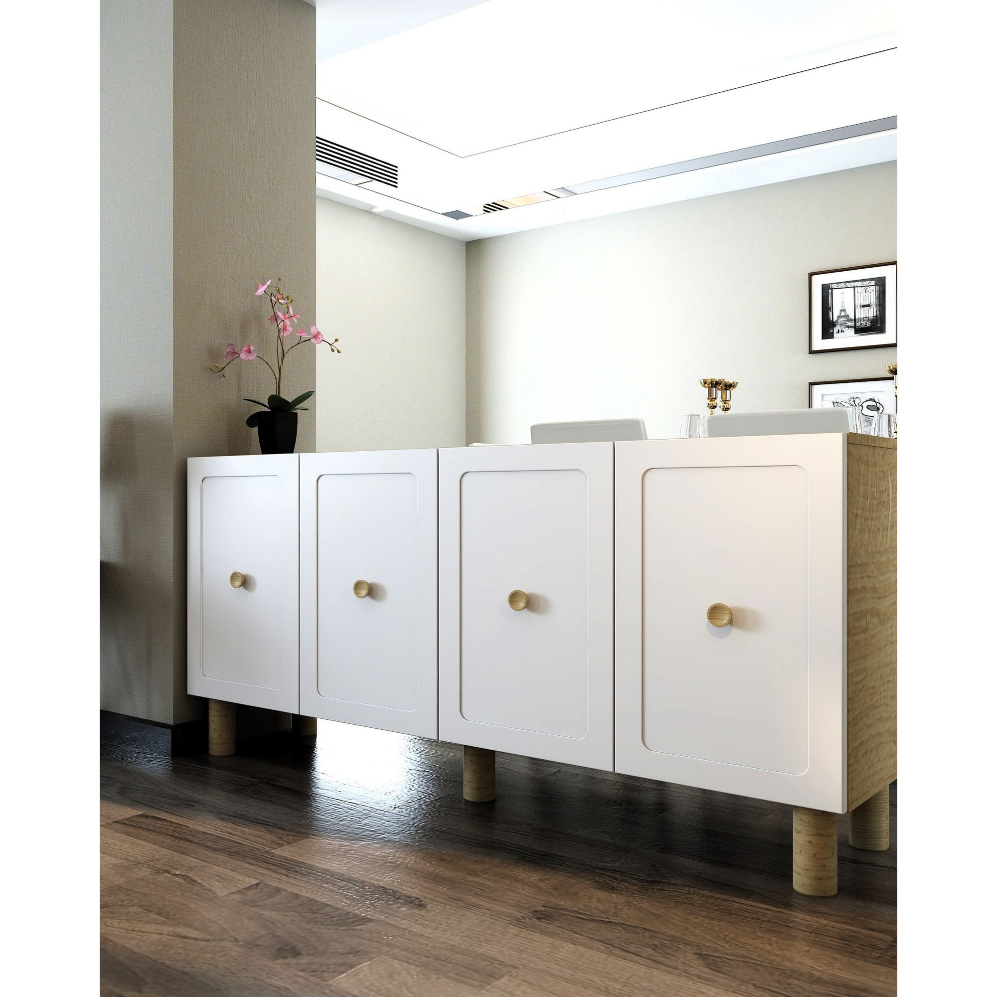 Consola Woody Fashion, 150x75x32cm, stejar safir si alb, design modern, 4 rafturi