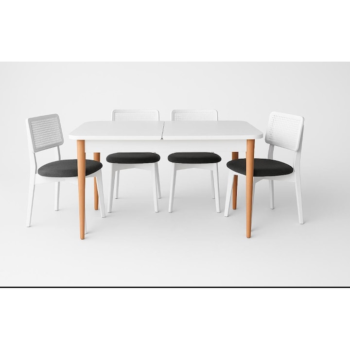 Set masa extensibila si scaune (5 piese), Woody Fashion, lemn alb, negru, 127x70cm, 156x70cm