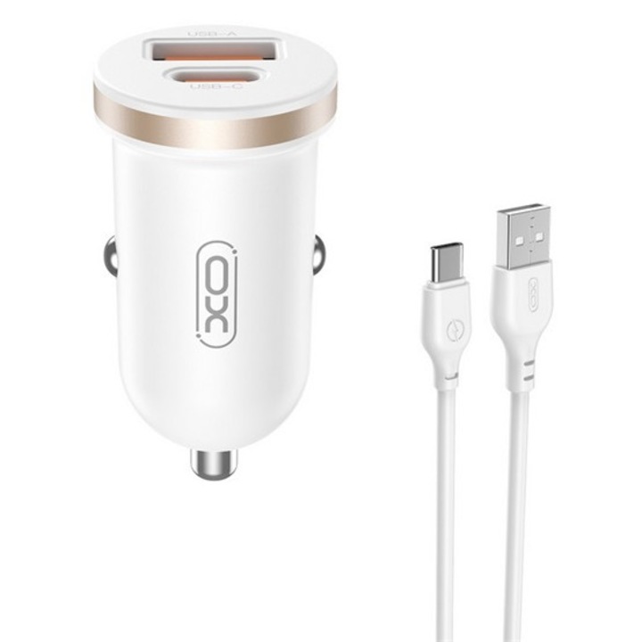 Xo cc56 autós töltő usb+type-c aljzat, 30w, pd gyorstöltő + type-c kábel, fehér