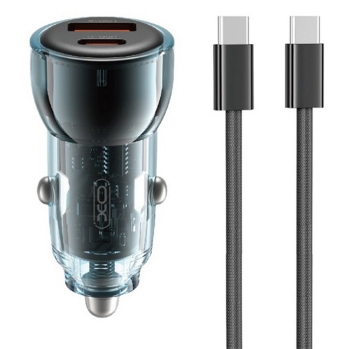 Xo cc60 autós töltő usb+type-c aljzat, 60w, pd gyorstöltő + type-c kábel, sötétkék