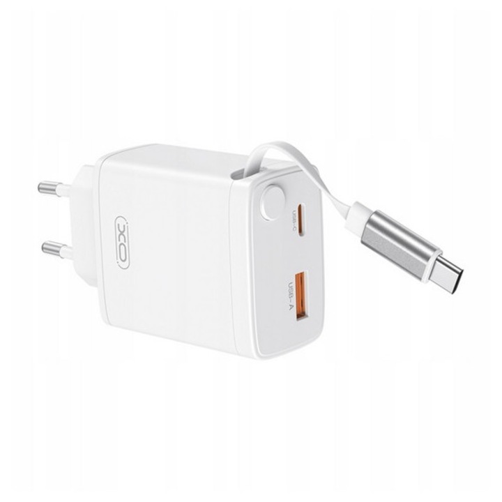 Xo ce31 hálózati töltő usb+type-c aljzat, 30w, pd gyorstöltő 3.0 + fix csévélhető type-c kábel, fehér