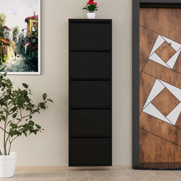 Woody Fashion cipőtároló szekrény, 100% fém, központi nyitású ajtók, fekete, 50x169x15cm