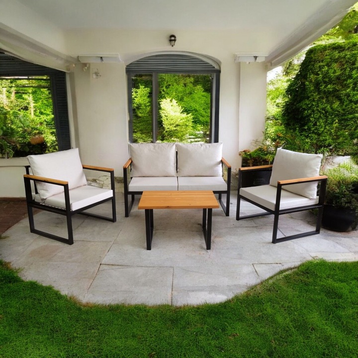 Woody Fashion kerti bútorgarnitúra, 2 kanapé, dohányzóasztal, fém, vászon, fa, bézs, 130x75x62cm, 70x75x62cm, 75x45x50cm