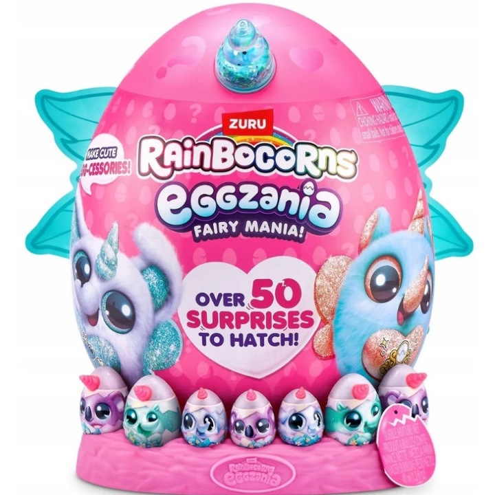 Jucărie surpriză pluşată RainBocorns Eggzania Fairy Mania, 50 accesorii, aripi albastre, pentru fete