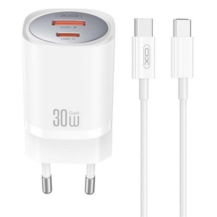Xo ce21 hálózati töltő usb+type-c aljzat, 30w, gan, pd gyorstöltő + type-c kábel, fehér