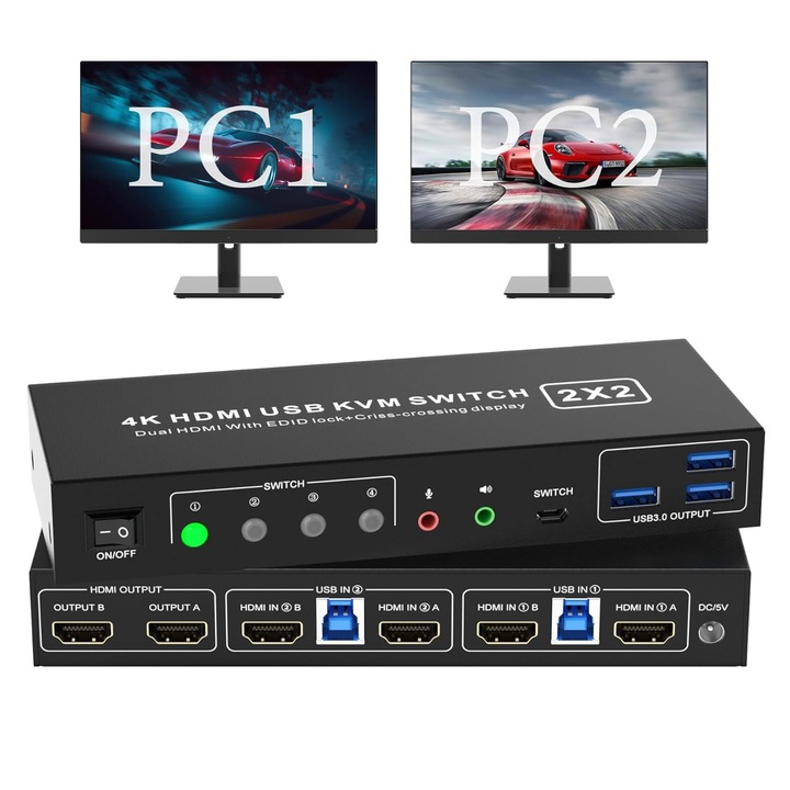 Switch KVM 2 computere 2 monitoare 4K@60Hz cu 3 porturi USB 3.0