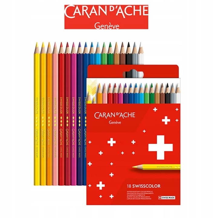 Set de 18 creioane acuarela Caran d'Ache Swisscolor, lemn de cedru, cutie carton, multicolor