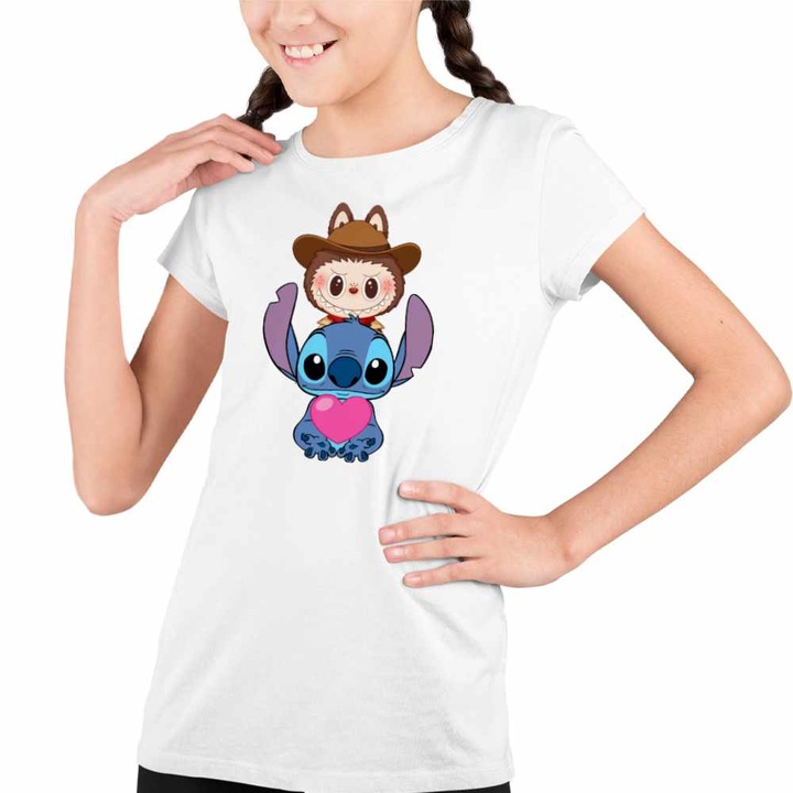 Tricou Copii Fete Stich Labubu Meme, Fehér