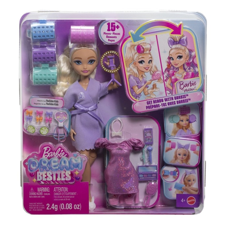 Set papusa Barbie Dream Besties Malibu, Mattel, 15 accesorii, par lung, 28 cm