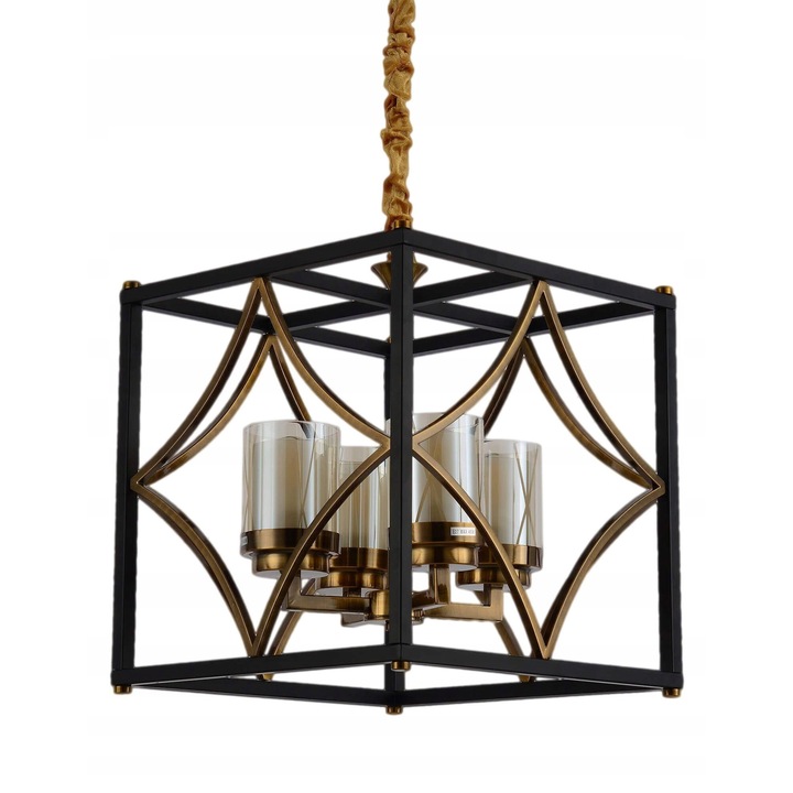 Lustra Lumina Deco QUADRATO, negru-auriu, 4 abajururi din sticlă, dimensiuni 41x41x45cm
