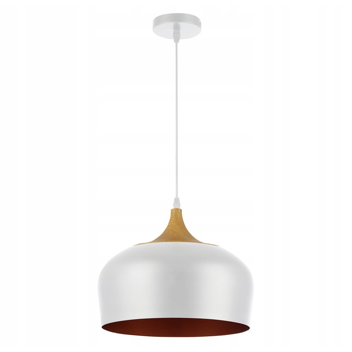 Lampa suspendată E27 MasterLED design loft alb-auriu, elemente din lemn, 30x30x124cm
