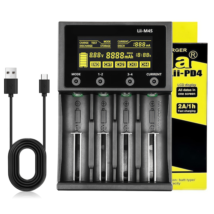 Универсално зарядно устройство за батерии, Wacorresi, Интелигентно зарядно устройство с 4 слота за батерии, LCD дисплей, Многостепенна защита, бързо зареждане Ni-MH/Ni-Cd AA/AAA, Черно