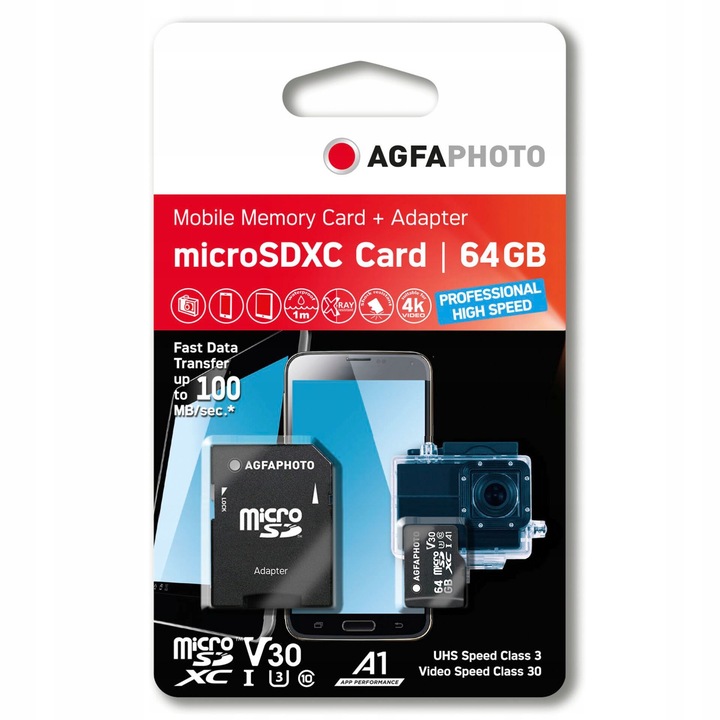 Card MicroSDXC AgfaPhoto 64GB UHS I U3 V30 A1 Viteza Mare