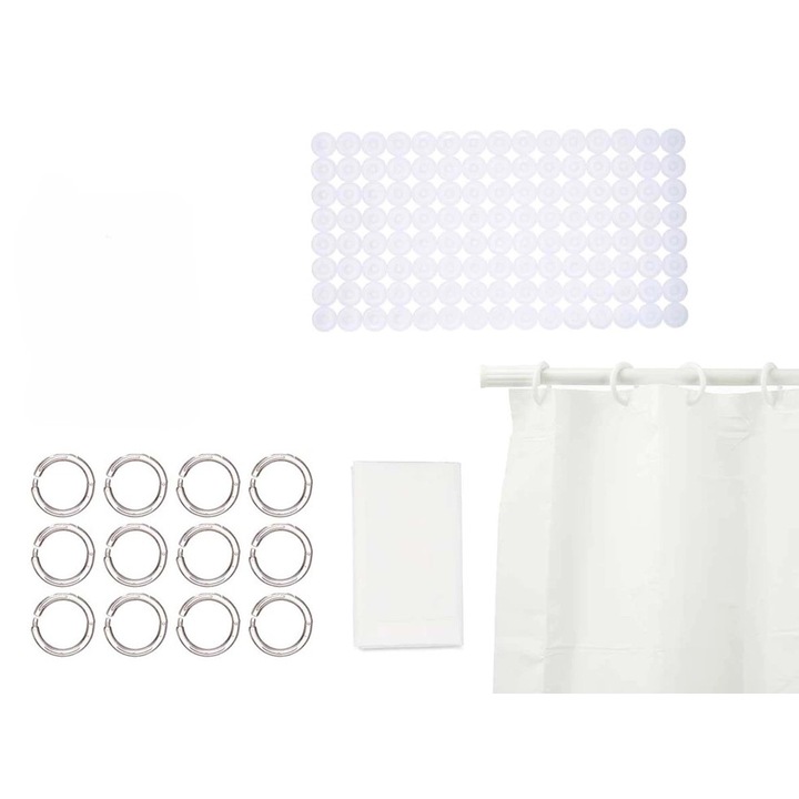 Set perdea duș și covoraș baie, alb, 180x180cm și 68x63cm, material PEVA și PVC