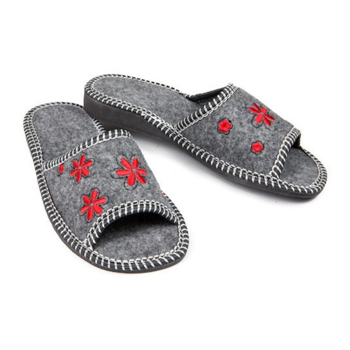 Papuci de fetru pentru femei, gri cu flori rosii, N101-RED, Gri, 37