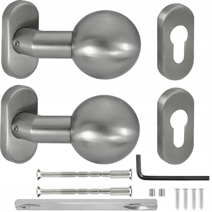 Clantă, Handmet, set 2 globuri inox SUS304, 55mm, rozete ovale 32x66mm, finisaj argintiu periat