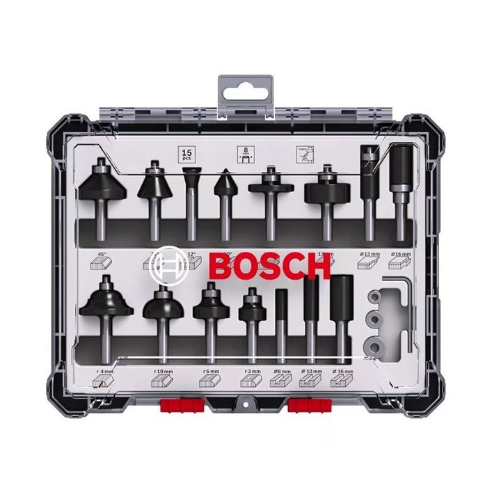 Set Freze Lemn Bosch 15 Piese, 8mm Tija