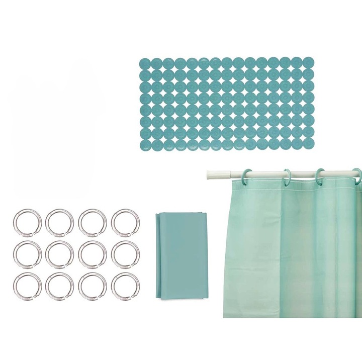 Set perdea dus si covoras baie, PEVA si PVC, 180x180 cm, verde