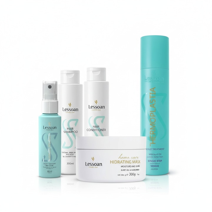 Kit indreptare par permanent Lessoan, 4 produse, fara formaldehida, pentru par cret