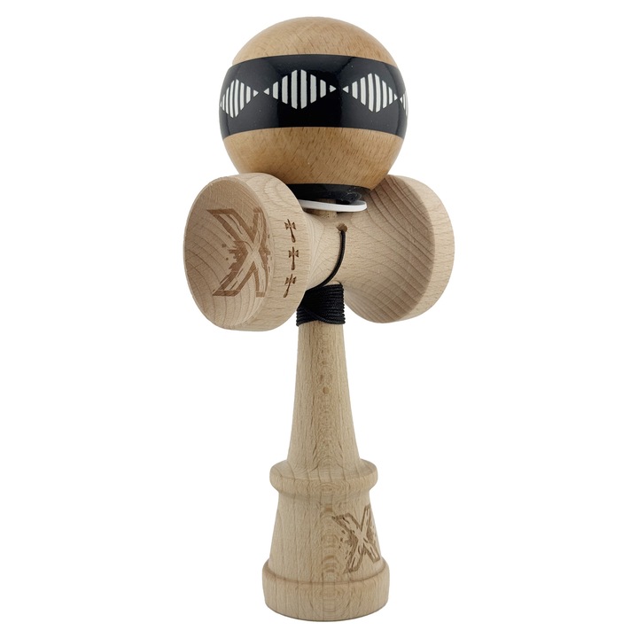 Kendama X Originala FREQUENCY, Profesionala, Flippy, Cupe Mari KING SIZE V3, Super Sticky, Gaura in Baza, Rulment Metalic, din lemn 18 cm, Ata 62/65 cm, Negru/Maro