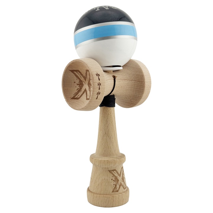 Kendama X Originala ROYAL SPIKE, Profesionala, Flippy, Cupe Mari KING SIZE V3, Super Sticky, Gaura in Baza, Rulment Metalic, din lemn 18 cm, Ata 62/65 cm, Inel Albastru deschis