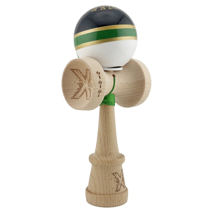 Kendama X Originala ROYAL SPIKE, Profesionala, Flippy, Cupe Mari KING SIZE V3, Super Sticky, Gaura in Baza, Rulment Metalic, din lemn 18 cm, Ata 62/65 cm, Inel Verde