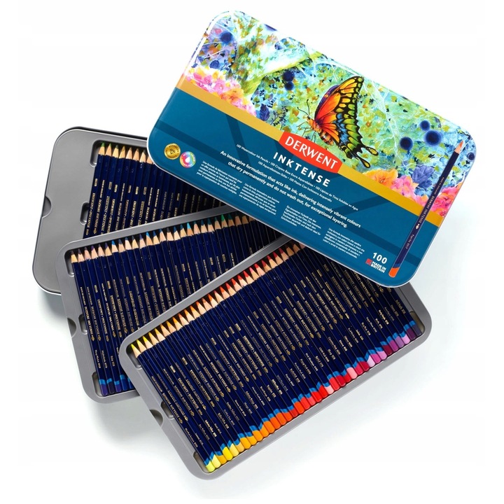 Set Creioane Acuarela Derwent Inktense, 100 culori, metalic, culori vibrante