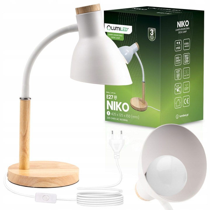 Lampa birou Lumiled NIKO, metal-fa design, állítható kar, E27, 42.5cm