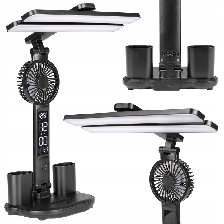 Lampă de birou LED cu ventilator și ceas digital, MasterLED, lumina ajustabilă, design modern, 24cm