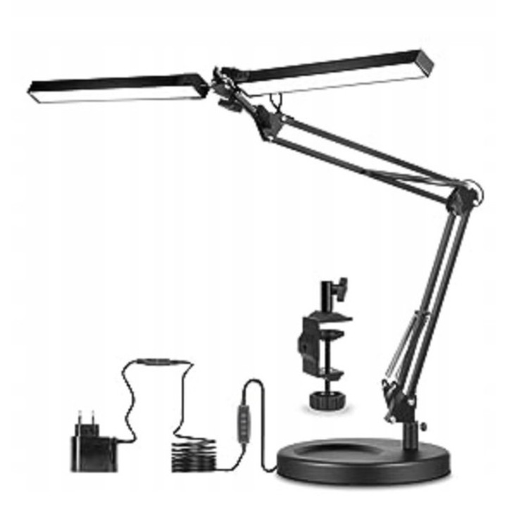 Lampa birou LED 2x10W, PLATINET, reglabilă, 3 culori lumina, neagră