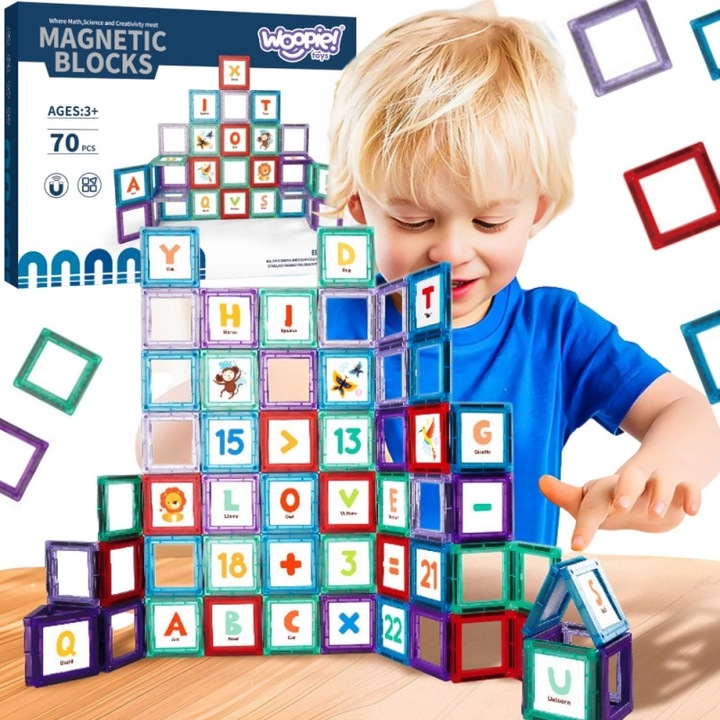 Set 70 Cuburi Magnetice 3D Woopie, Multicolor, pentru copii, cu litere, 3 ani