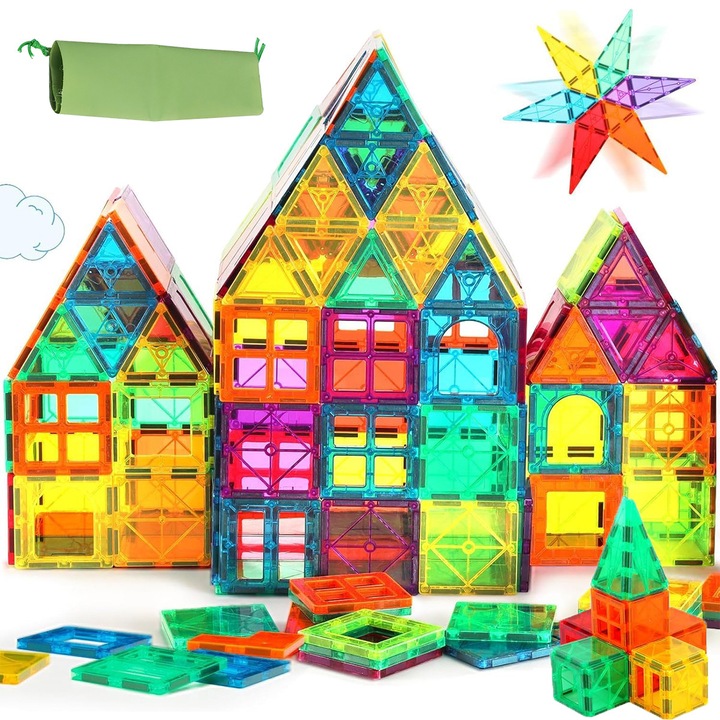 Set Inteligent de Constructie Magnetic YOUKUKE®, 40 Piese, Numeroase Posibilitati de Construit Creativ, piese geometrice 3D educative STEM, Dezvoltarea Abilitatilor Motrice si a Imaginatiei, 7.6 cm, Multicolor