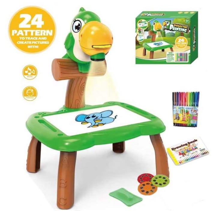 Masa de desen cu proiector, 3 discuri cu 24 sabloane, 12 carioci, multicolor, 25x21x35cm