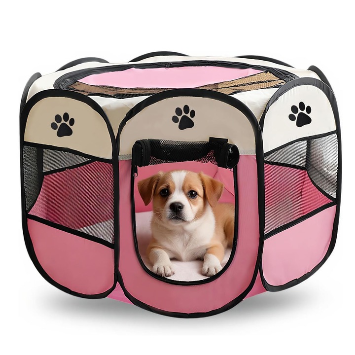 Tarc pliabil pentru animale, asskanaer, Cusca pliabila, Design octogonal cu plasa, Cu intrari cu fermoar, Plasa detasabila pentru ventilatie, Usor de montat, Cadru din otel, Din nailon si poliester, Marime S, 73*73*43cm, Roz