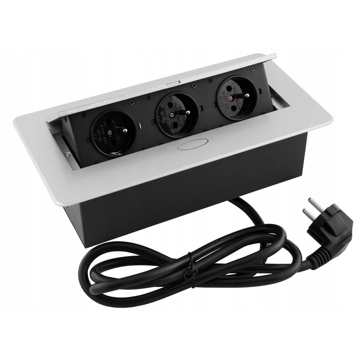 Priză încastrată Design Light KOMBIBOX, 3 prize, protecție supratensiune, aluminiu, 1.5m