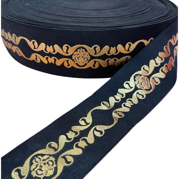 Elastic decorativ negru cu detalii aurii, 60mm, metru liniar