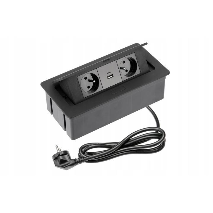 Prelungitor birou GTV incorporabil, 2 prize Schuko, 2 porturi USB A+C, negru, 1.5m