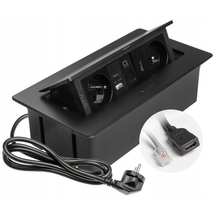 Контакт за мебели GTV MULTISOFT, вграден, 2 контакта, USB A+C портове, RJ45, HDMI 2.0, черен, кабел 1.5м