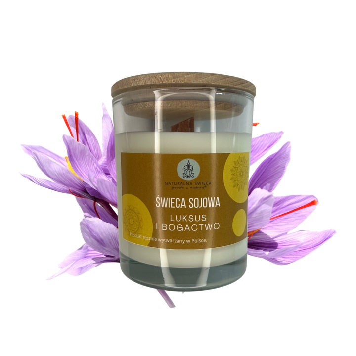 Lumanare sojowa Naturalna, Luksus si Bogactwo, cedru si szafran, 250 ml, knot din lemn