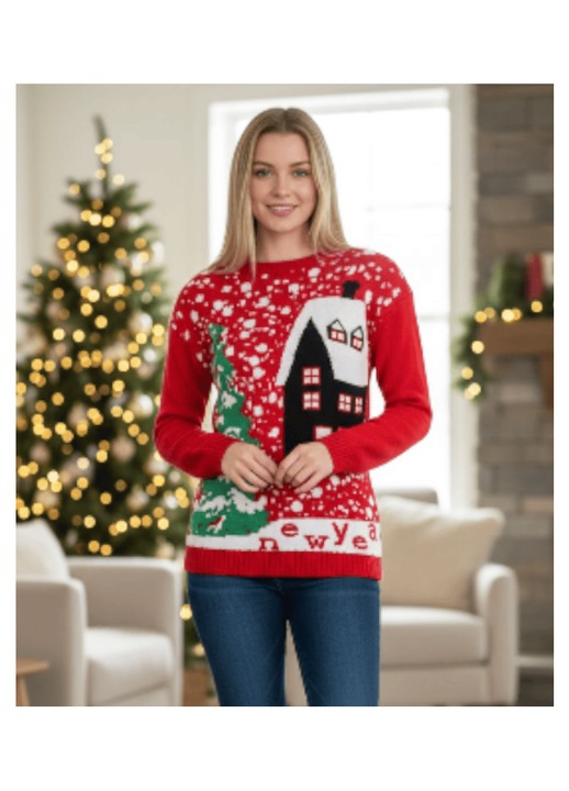 Női kötött pulóver, hagyományos karácsonyi mintával, hosszú ujjú, StarFashion, Halványpiros, One Size