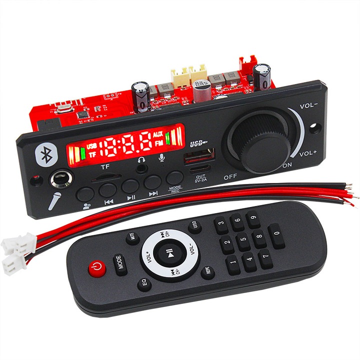 Decoder MP3 si amplificator audio stereo 2×80W, Bluetooth 5.0 si FM, USB Type-C, card microSD, DC 8-24V