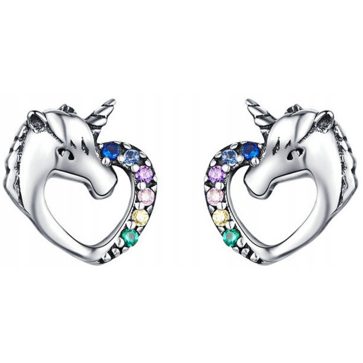 Cercei Argint 925 Trusky, design unicorni, zirconii colorate, argintiu, 0.95cm